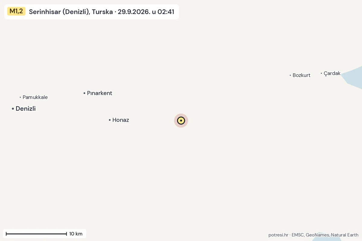 Karta: okolica epicentra, 60 km, potres M1,2, Serinhisar (Denizli), Turska, 29.9.2026.
