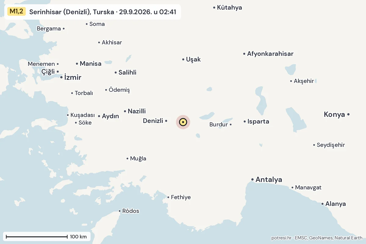 Karta: šire područje, 600 km, potres M1,2, Serinhisar (Denizli), Turska, 29.9.2026.