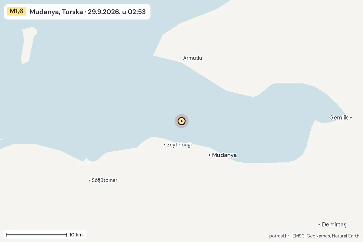Karta: okolica epicentra, 60 km, potres M1,6, Mudanya, Turska, 29.9.2026.