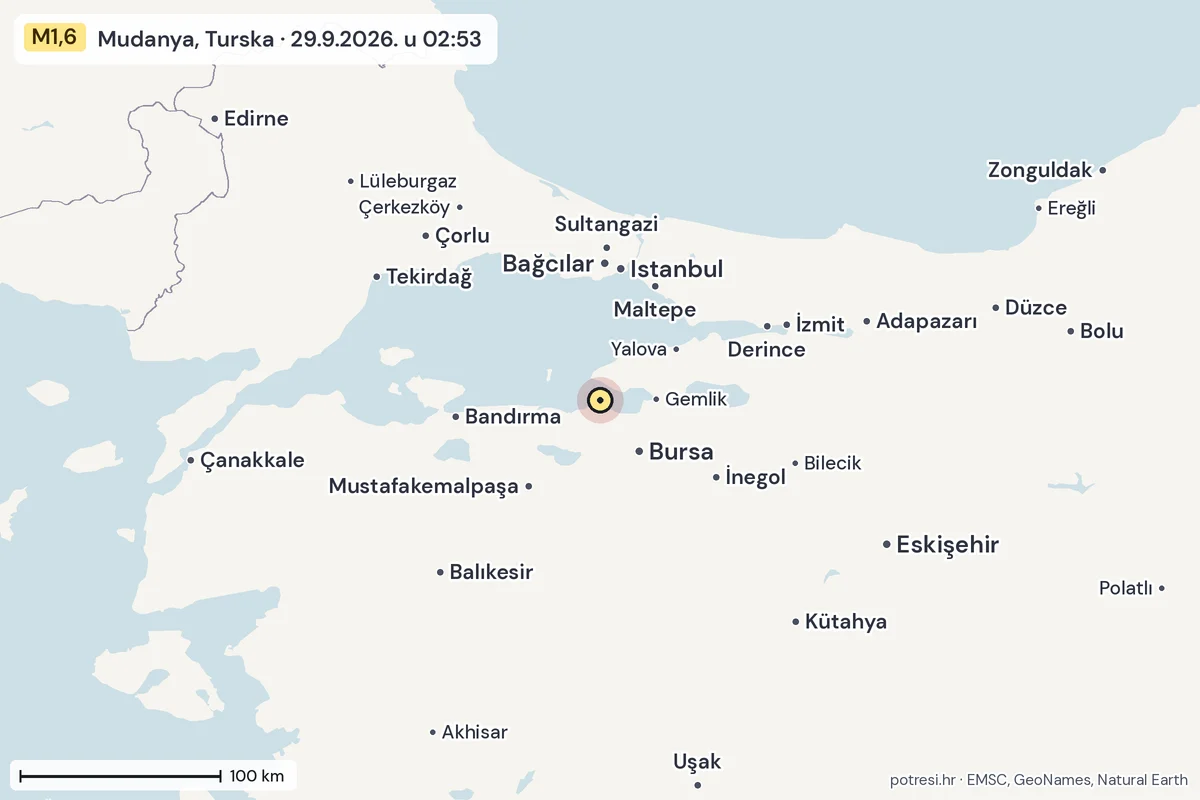 Karta: šire područje, 600 km, potres M1,6, Mudanya, Turska, 29.9.2026.