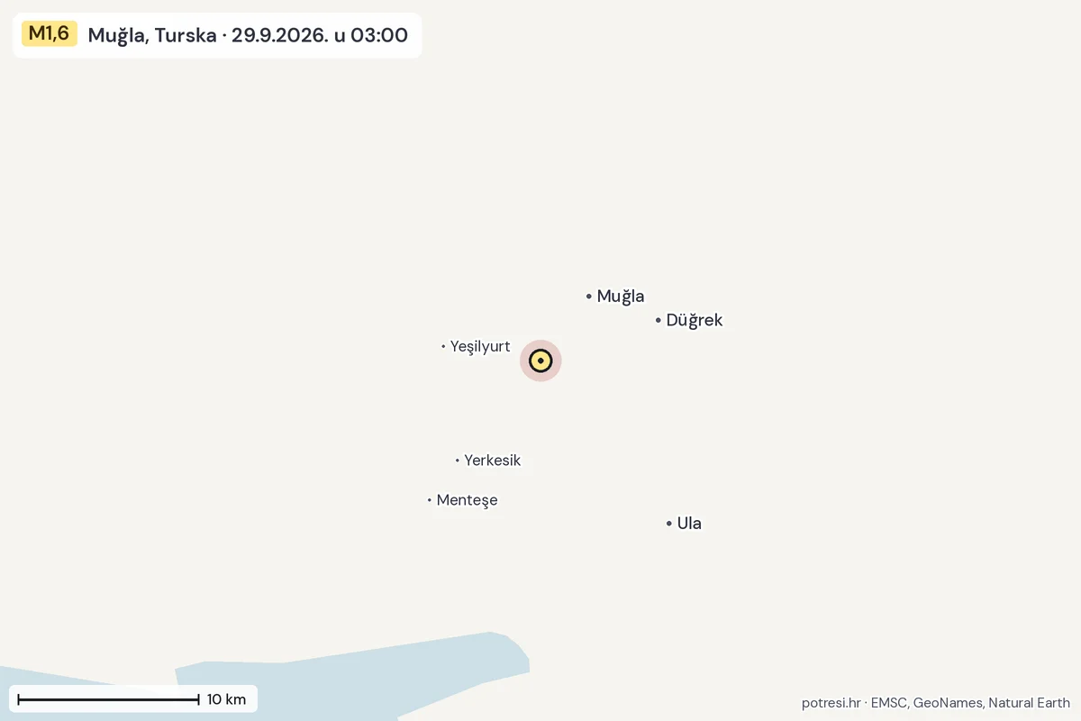 Karta: okolica epicentra, 60 km, potres M1,6, Muğla, Turska, 29.9.2026.