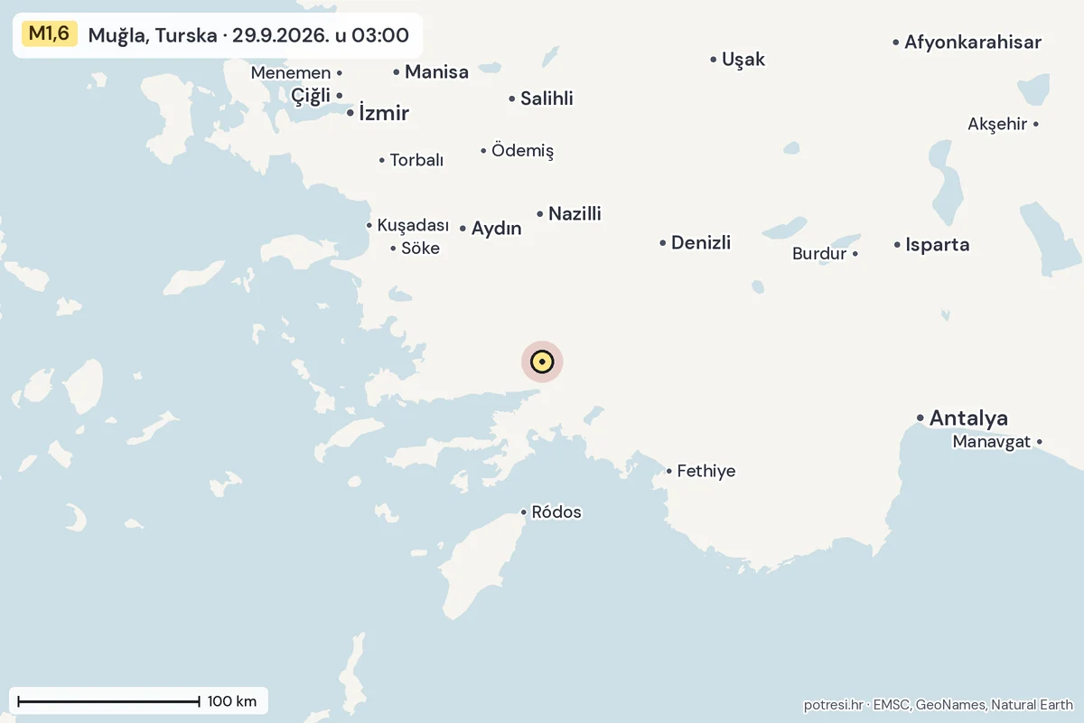 Karta: šire područje, 600 km, potres M1,6, Muğla, Turska, 29.9.2026.
