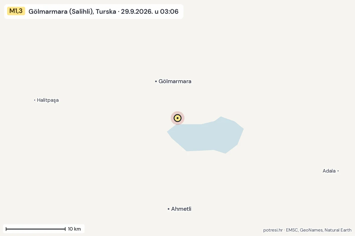 Karta: okolica epicentra, 60 km, potres M1,3, Gölmarmara (Salihli), Turska, 29.9.2026.