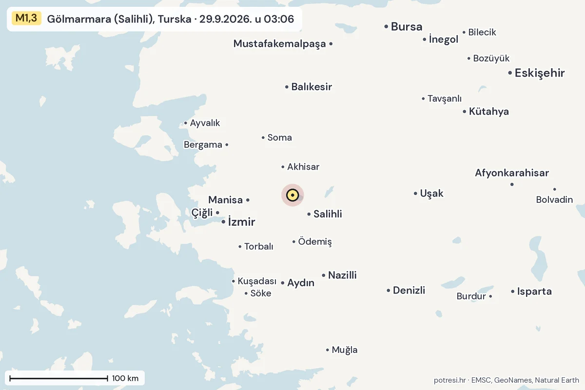 Karta: šire područje, 600 km, potres M1,3, Gölmarmara (Salihli), Turska, 29.9.2026.