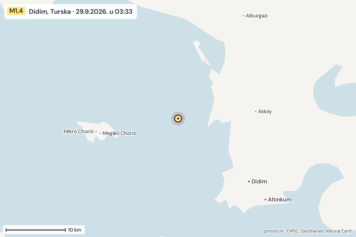 Karta: okolica epicentra, 60 km, potres M1,4, Didim, Turska, 29.9.2026.