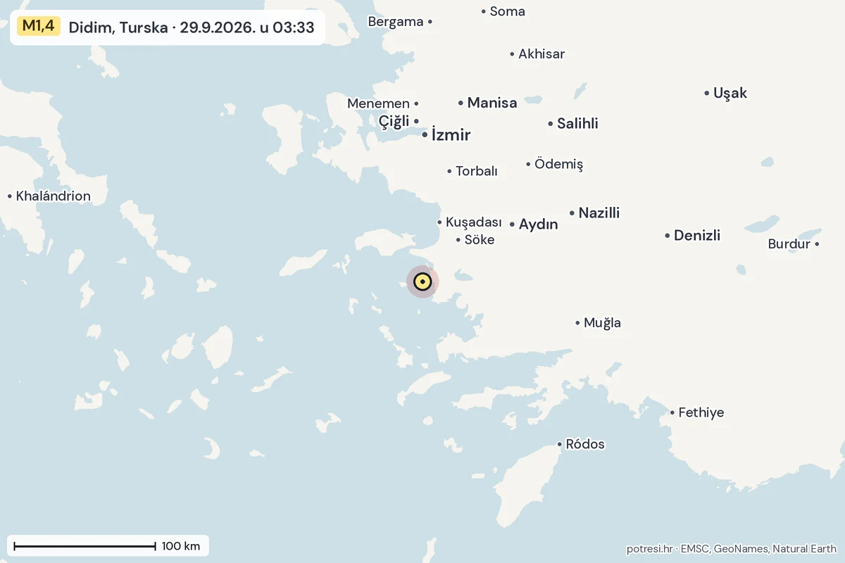 Karta: šire područje, 600 km, potres M1,4, Didim, Turska, 29.9.2026.