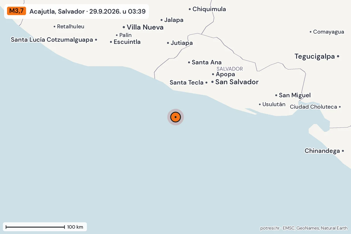 Karta: šire područje, 600 km, potres M3,7, Acajutla, Salvador, 29.9.2026.