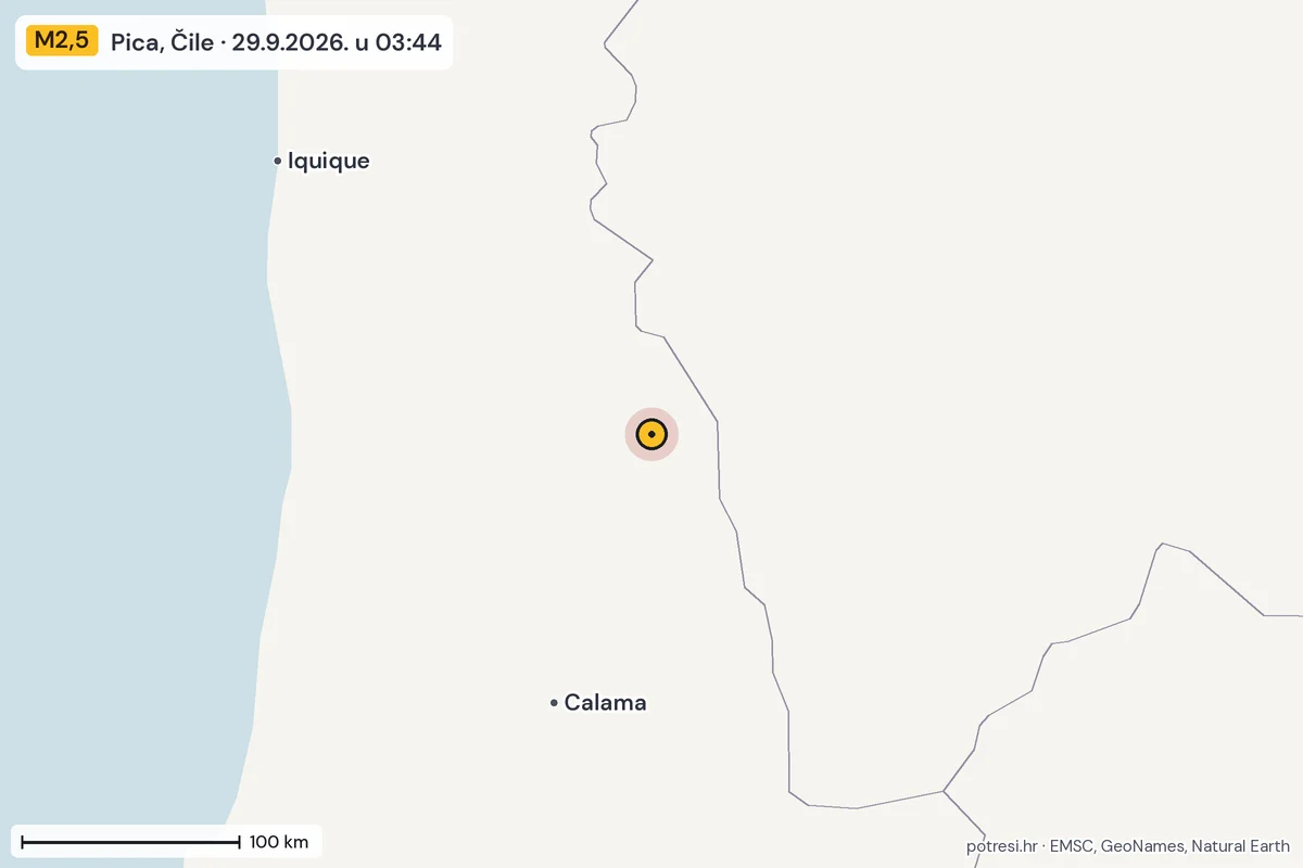 Karta: šire područje, 600 km, potres M2,5, Pica, Čile, 29.9.2026.