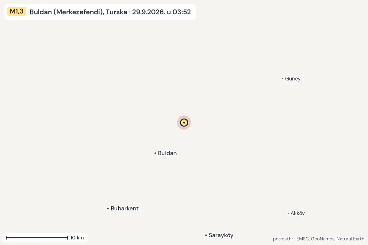 Karta: okolica epicentra, 60 km, potres M1,3, Buldan (Merkezefendi), Turska, 29.9.2026.