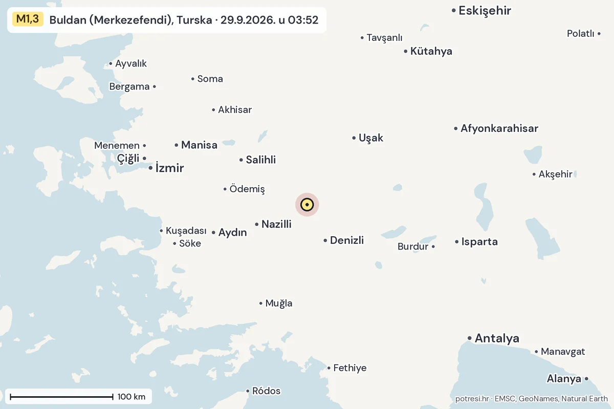 Karta: šire područje, 600 km, potres M1,3, Buldan (Merkezefendi), Turska, 29.9.2026.