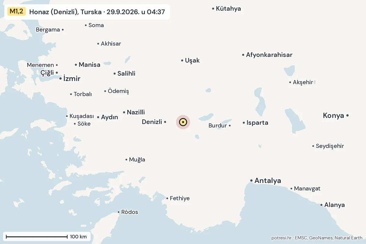 Karta: šire područje, 600 km, potres M1,2, Honaz (Denizli), Turska, 29.9.2026.