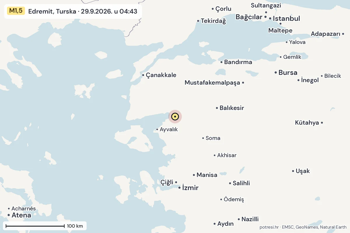 Karta: šire područje, 600 km, potres M1,5, Edremit, Turska, 29.9.2026.