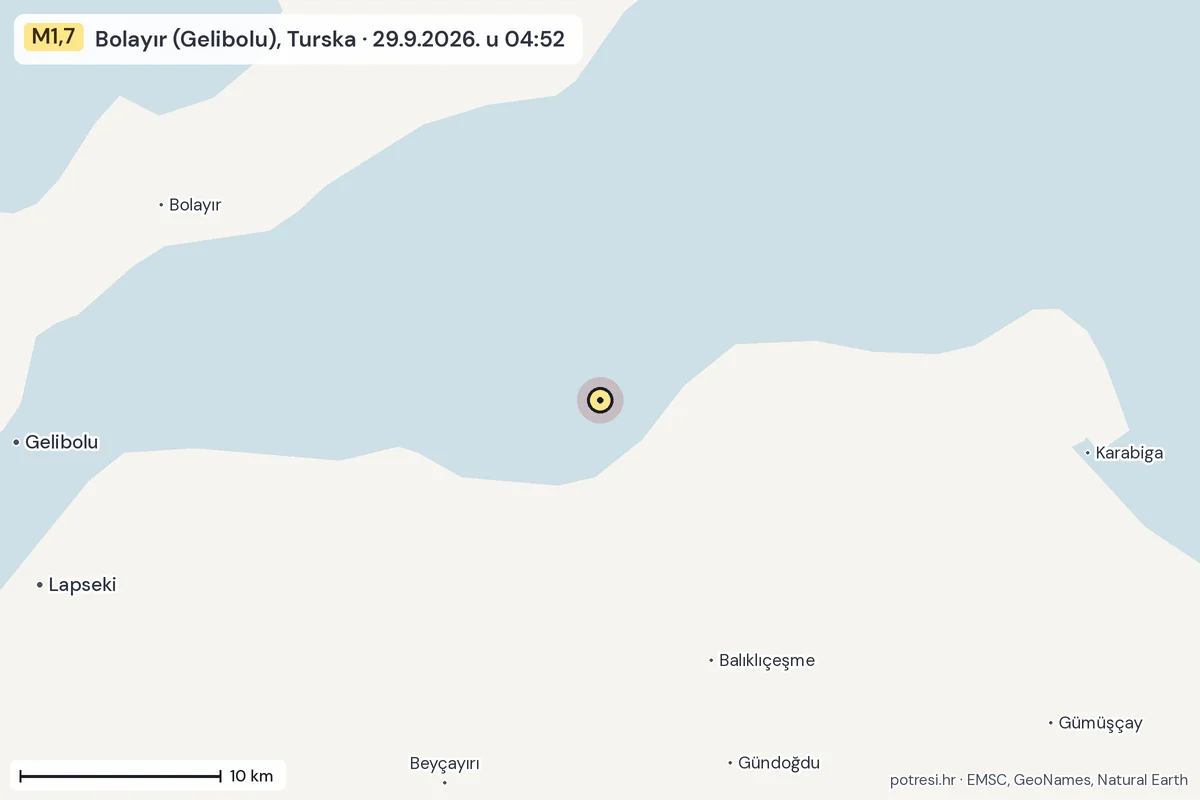 Karta: okolica epicentra, 60 km, potres M1,7, Bolayır (Gelibolu), Turska, 29.9.2026.