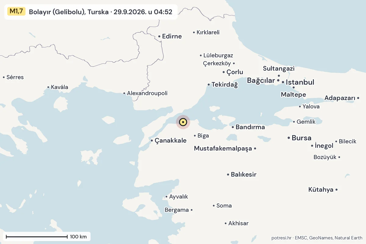 Karta: šire područje, 600 km, potres M1,7, Bolayır (Gelibolu), Turska, 29.9.2026.