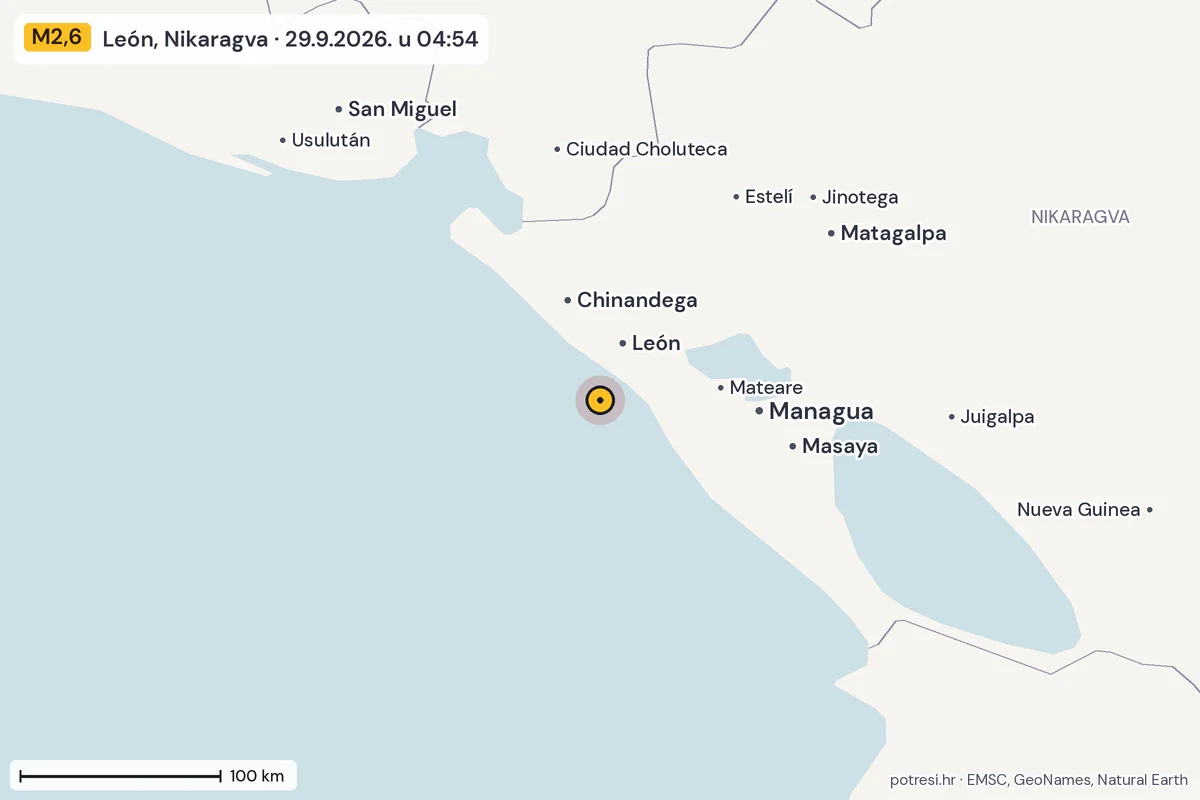 Karta: šire područje, 600 km, potres M2,6, León, Nikaragva, 29.9.2026.
