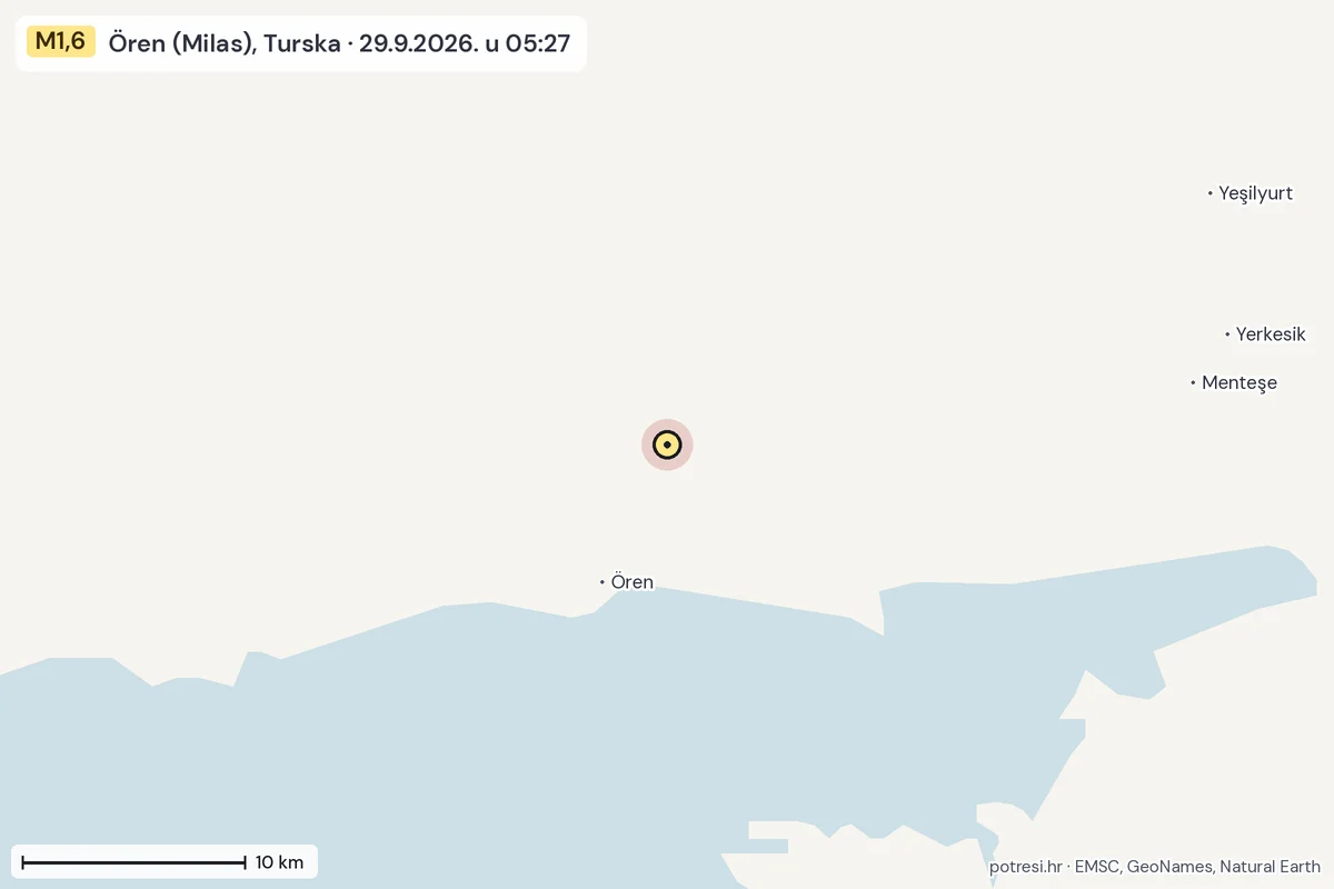 Karta: okolica epicentra, 60 km, potres M1,6, Ören (Milas), Turska, 29.9.2026.