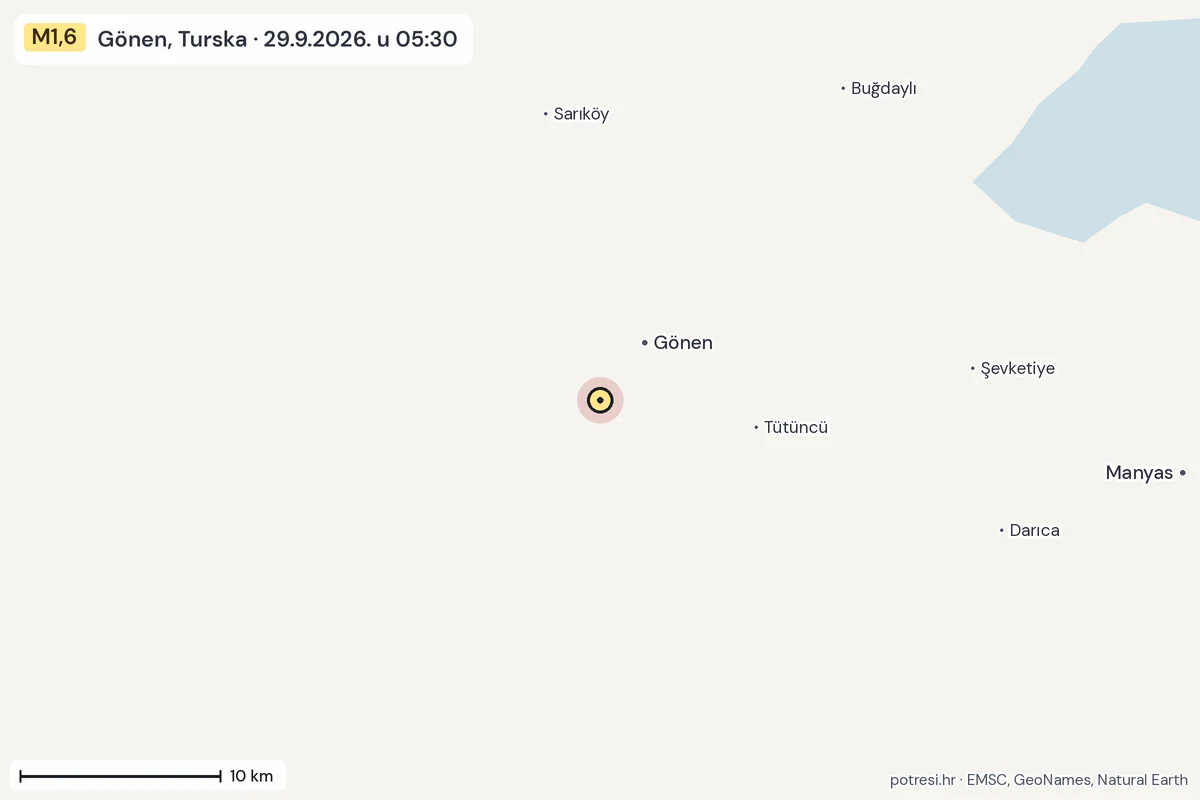 Karta: okolica epicentra, 60 km, potres M1,6, Gönen, Turska, 29.9.2026.