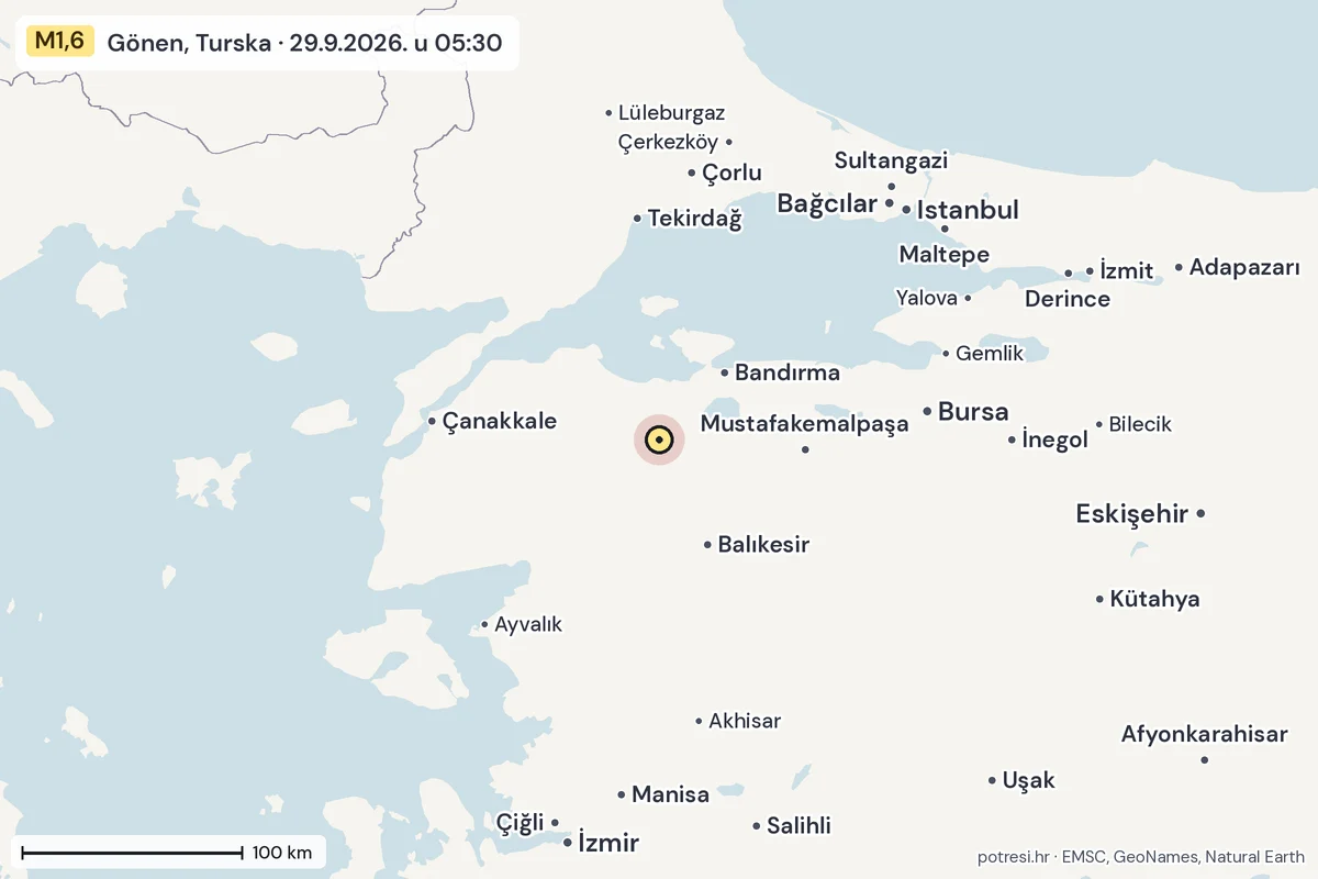 Karta: šire područje, 600 km, potres M1,6, Gönen, Turska, 29.9.2026.
