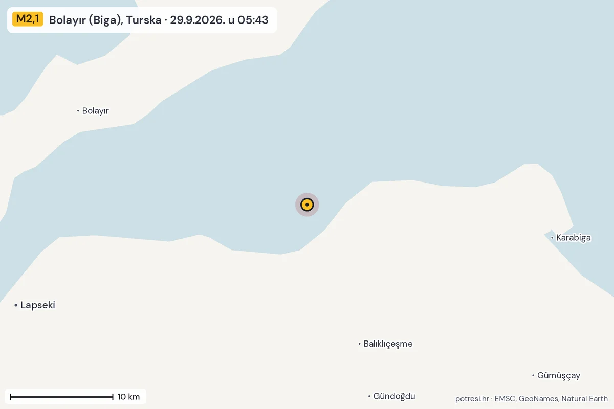 Karta: okolica epicentra, 60 km, potres M2,1, Bolayır (Biga), Turska, 29.9.2026.
