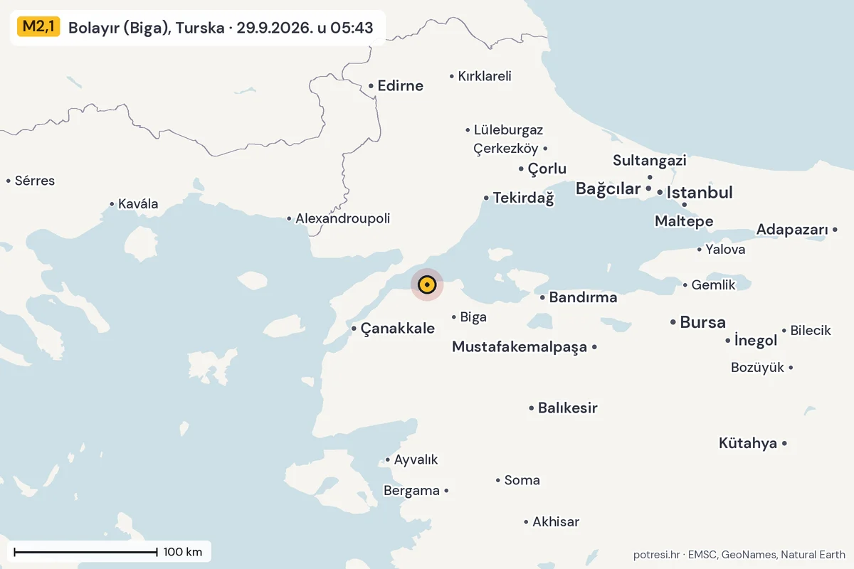 Karta: šire područje, 600 km, potres M2,1, Bolayır (Biga), Turska, 29.9.2026.