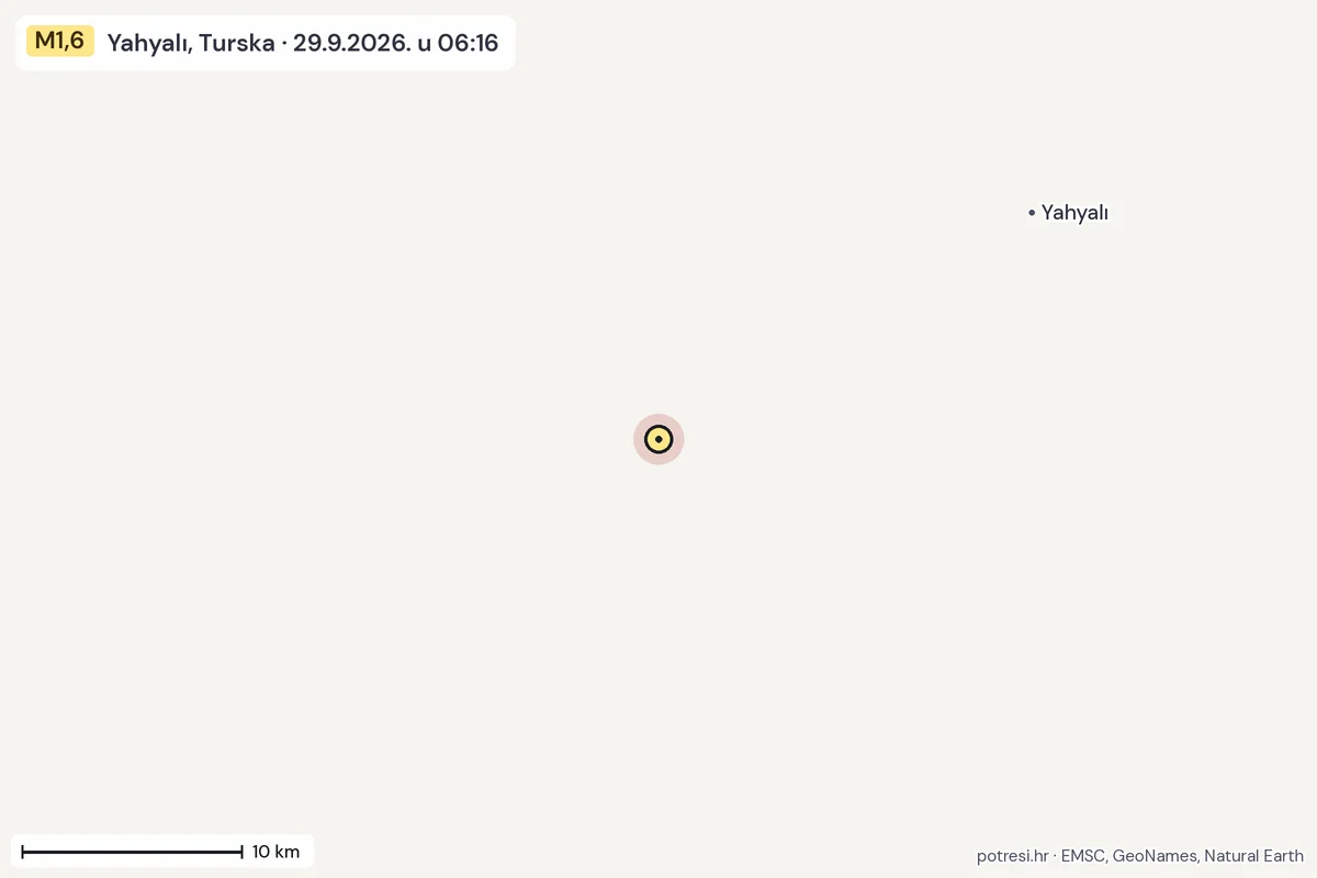 Karta: okolica epicentra, 60 km, potres M1,6, Yahyalı, Turska, 29.9.2026.
