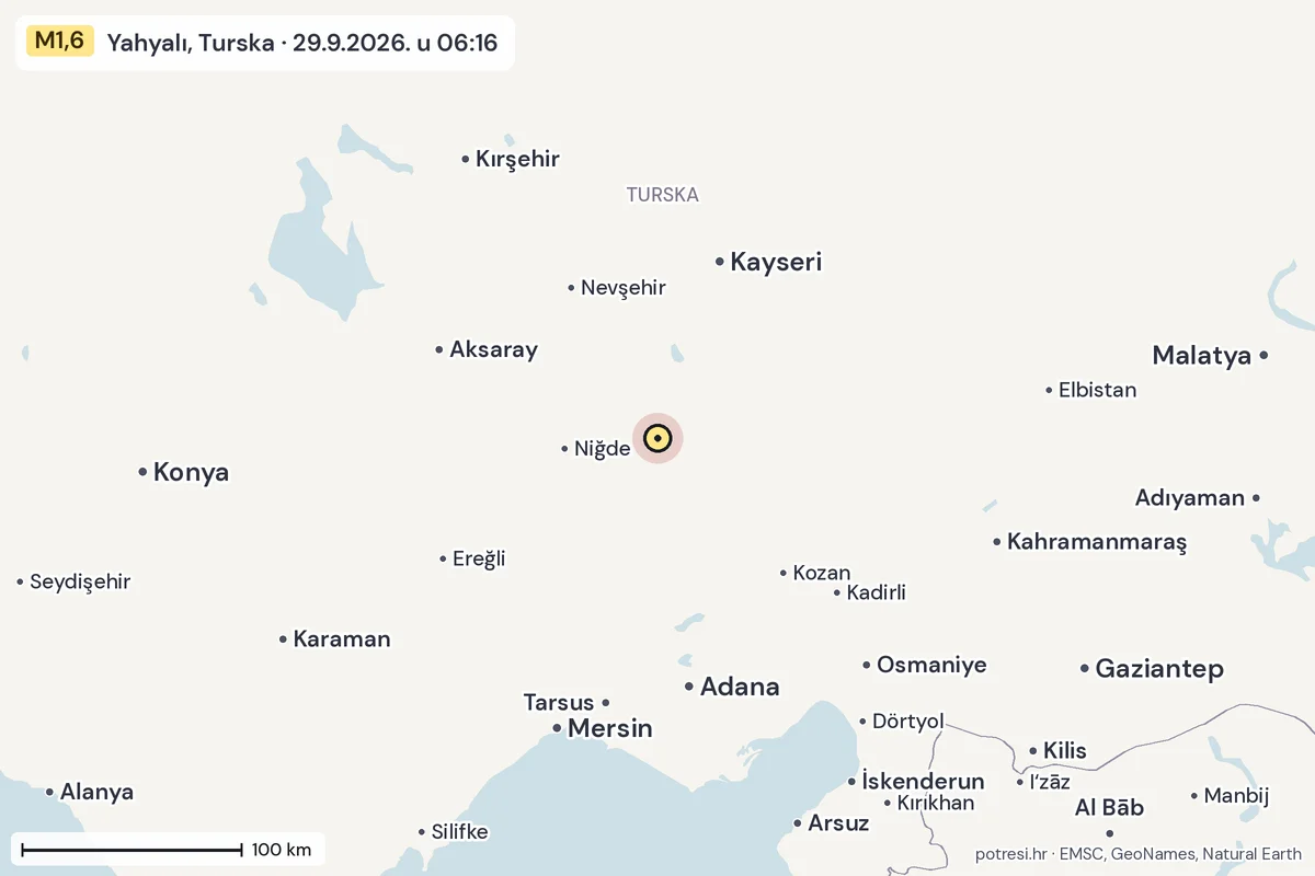 Karta: šire područje, 600 km, potres M1,6, Yahyalı, Turska, 29.9.2026.