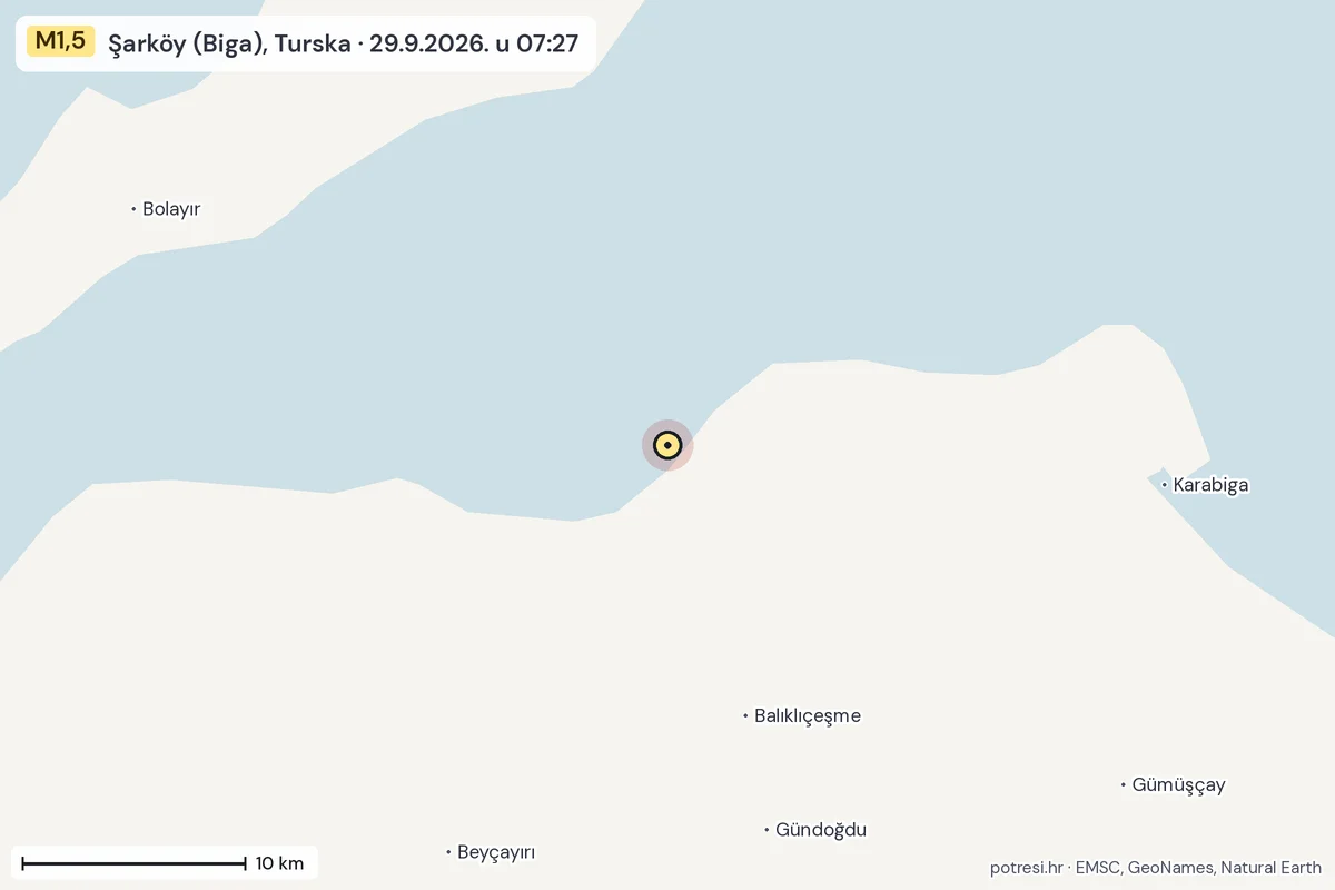 Karta: okolica epicentra, 60 km, potres M1,5, Şarköy (Biga), Turska, 29.9.2026.