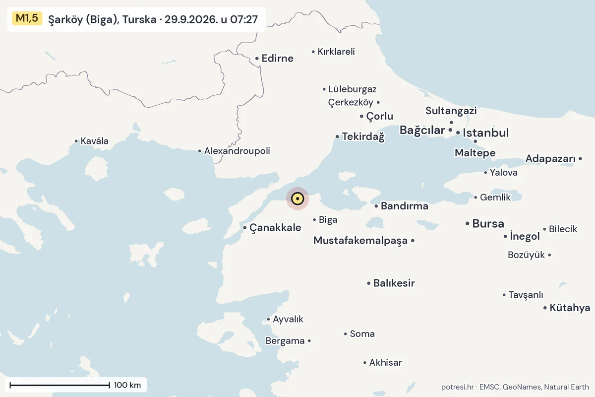 Karta: šire područje, 600 km, potres M1,5, Şarköy (Biga), Turska, 29.9.2026.