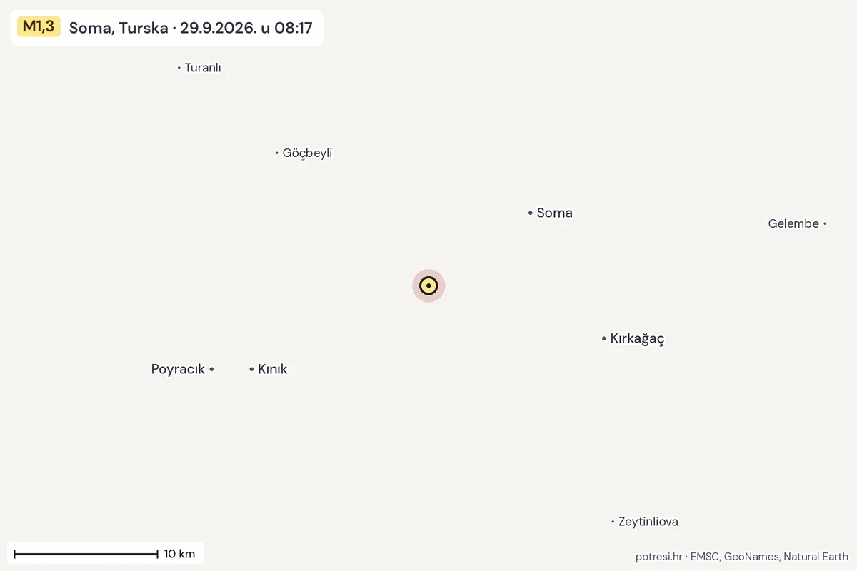Karta: okolica epicentra, 60 km, potres M1,3, Soma, Turska, 29.9.2026.