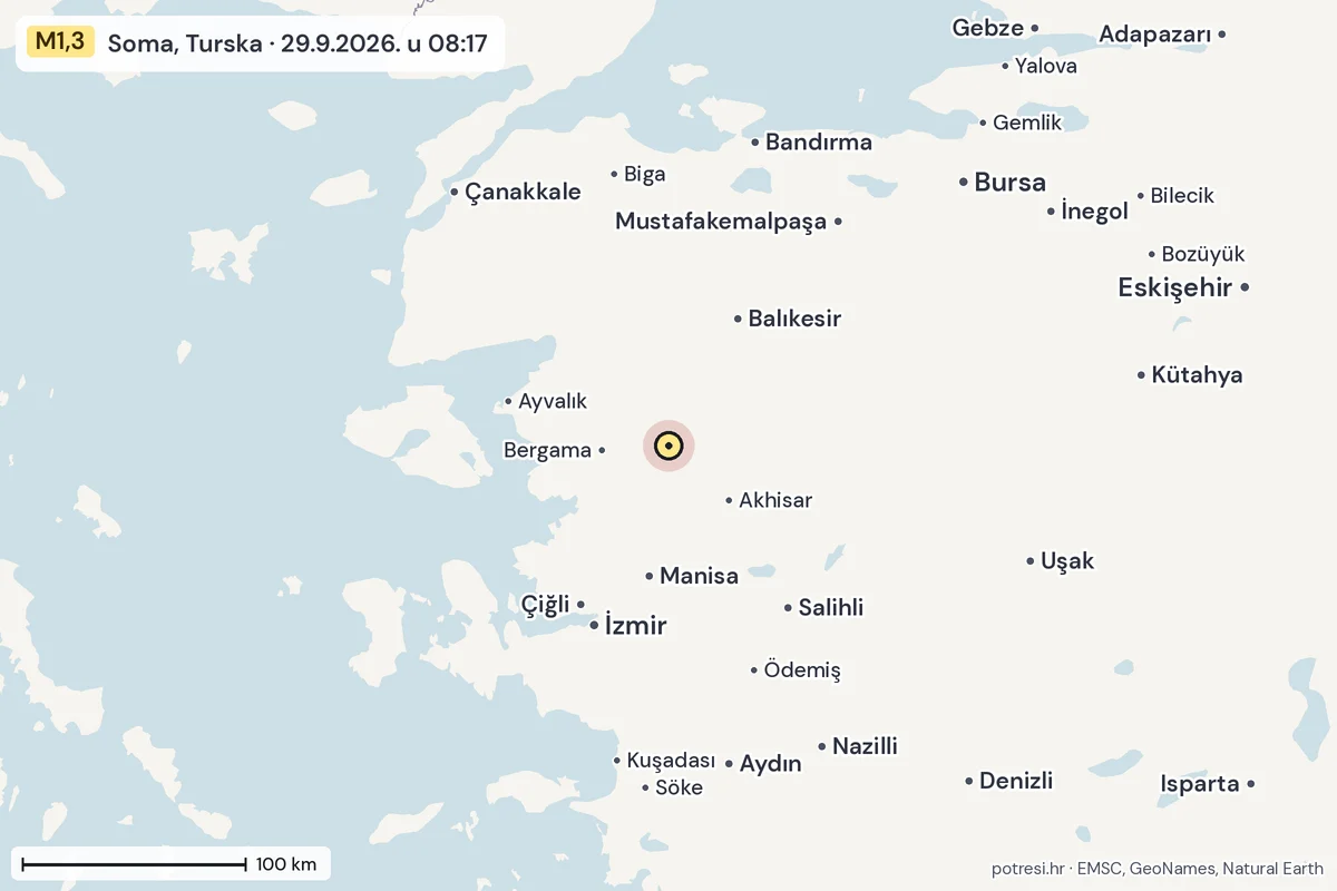 Karta: šire područje, 600 km, potres M1,3, Soma, Turska, 29.9.2026.