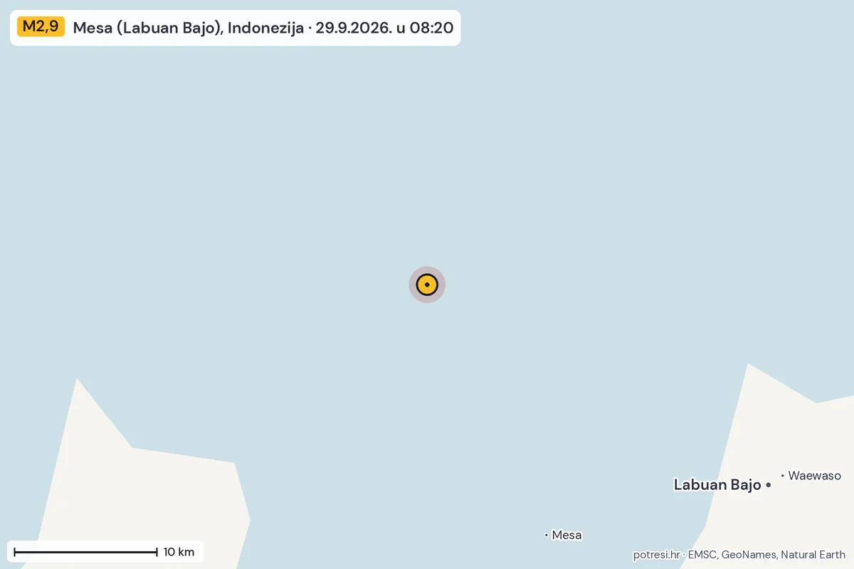 Karta: okolica epicentra, 60 km, potres M2,9, Mesa (Labuan Bajo), Indonezija, 29.9.2026.