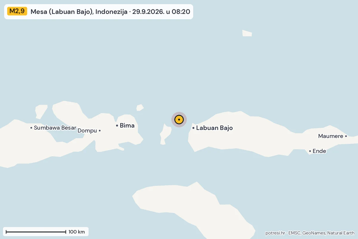 Karta: šire područje, 600 km, potres M2,9, Mesa (Labuan Bajo), Indonezija, 29.9.2026.