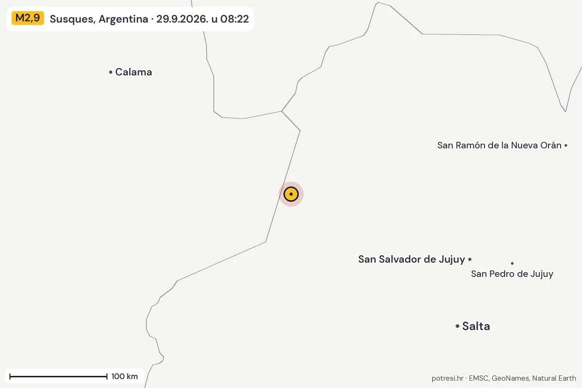 Karta: šire područje, 600 km, potres M2,9, Susques, Argentina, 29.9.2026.