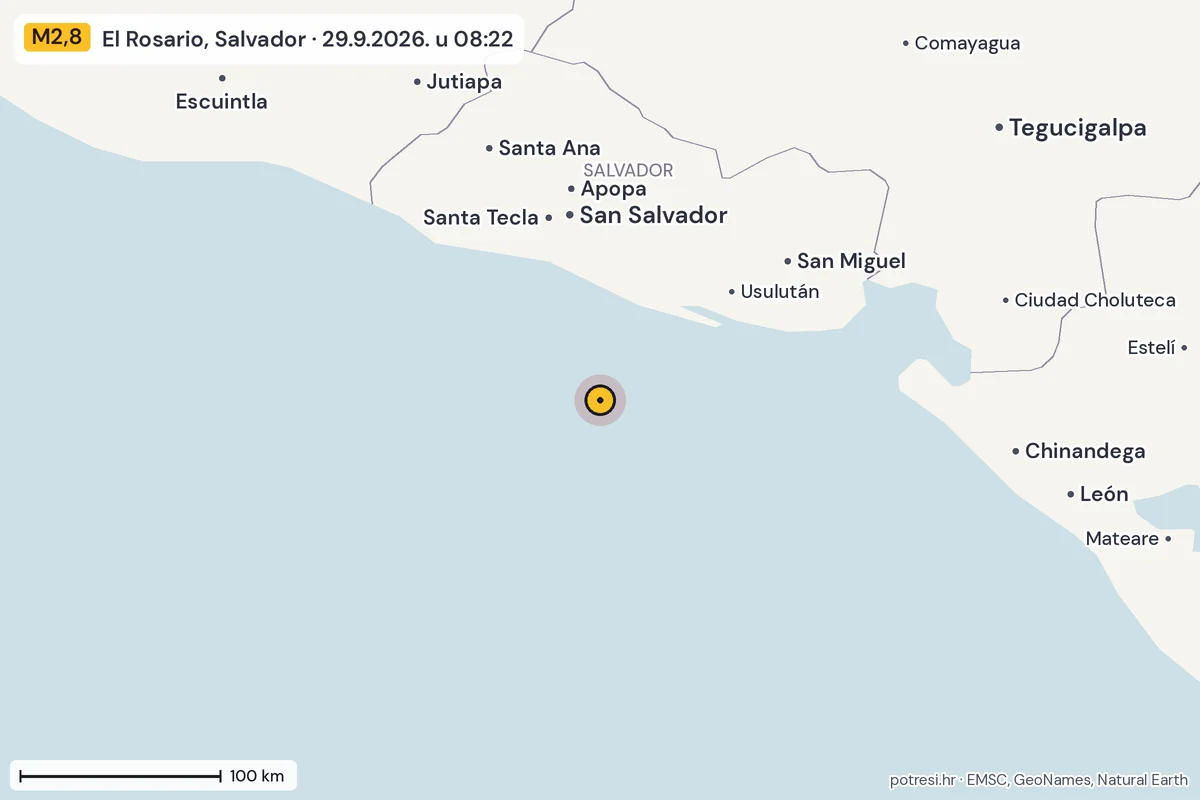 Karta: šire područje, 600 km, potres M2,8, El Rosario, Salvador, 29.9.2026.