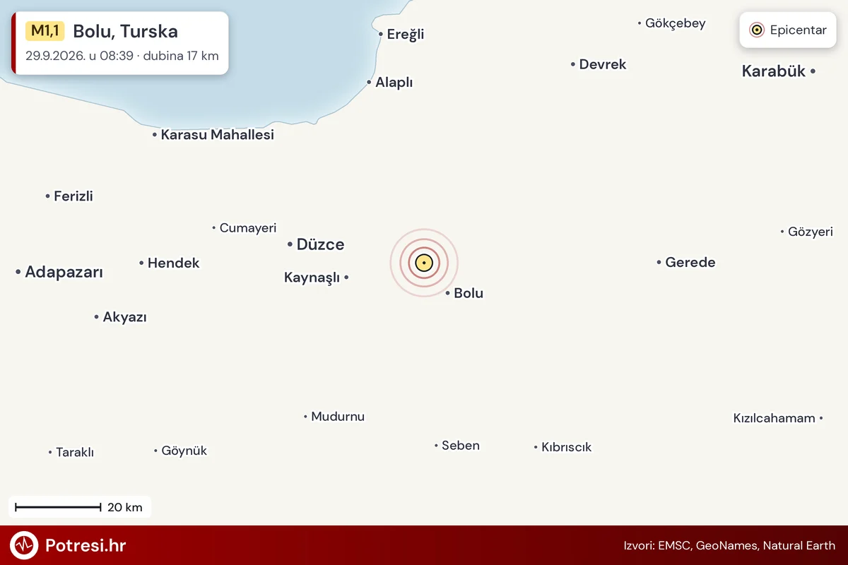 Karta: šire područje i vjerojatni doseg osjeta, potres M1,1, Bolu, Turska, 29.9.2026.