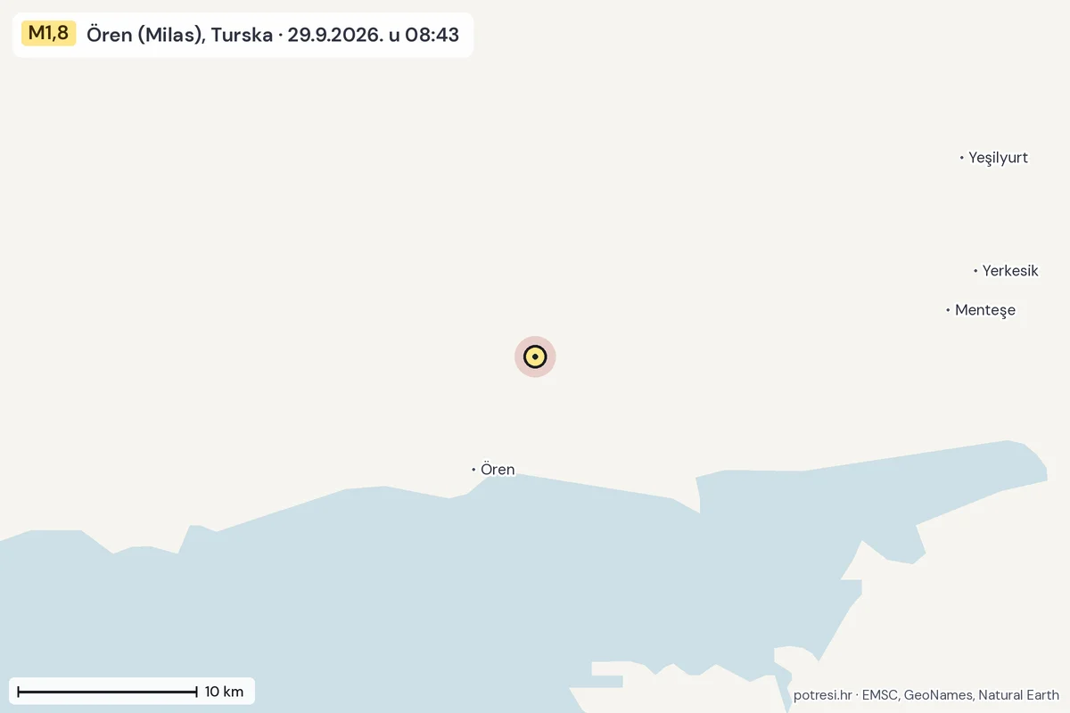 Karta: okolica epicentra, 60 km, potres M1,8, Ören (Milas), Turska, 29.9.2026.