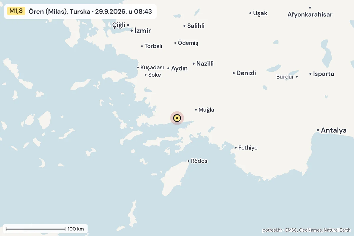Karta: šire područje, 600 km, potres M1,8, Ören (Milas), Turska, 29.9.2026.