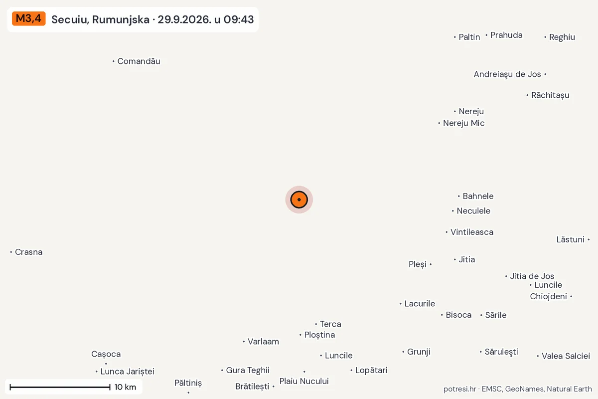 Karta: okolica epicentra, 60 km, potres M3,4, Secuiu, Rumunjska, 29.9.2026.