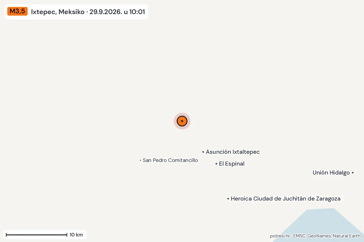 Karta: okolica epicentra, 60 km, potres M3,5, Ixtepec, Meksiko, 29.9.2026.