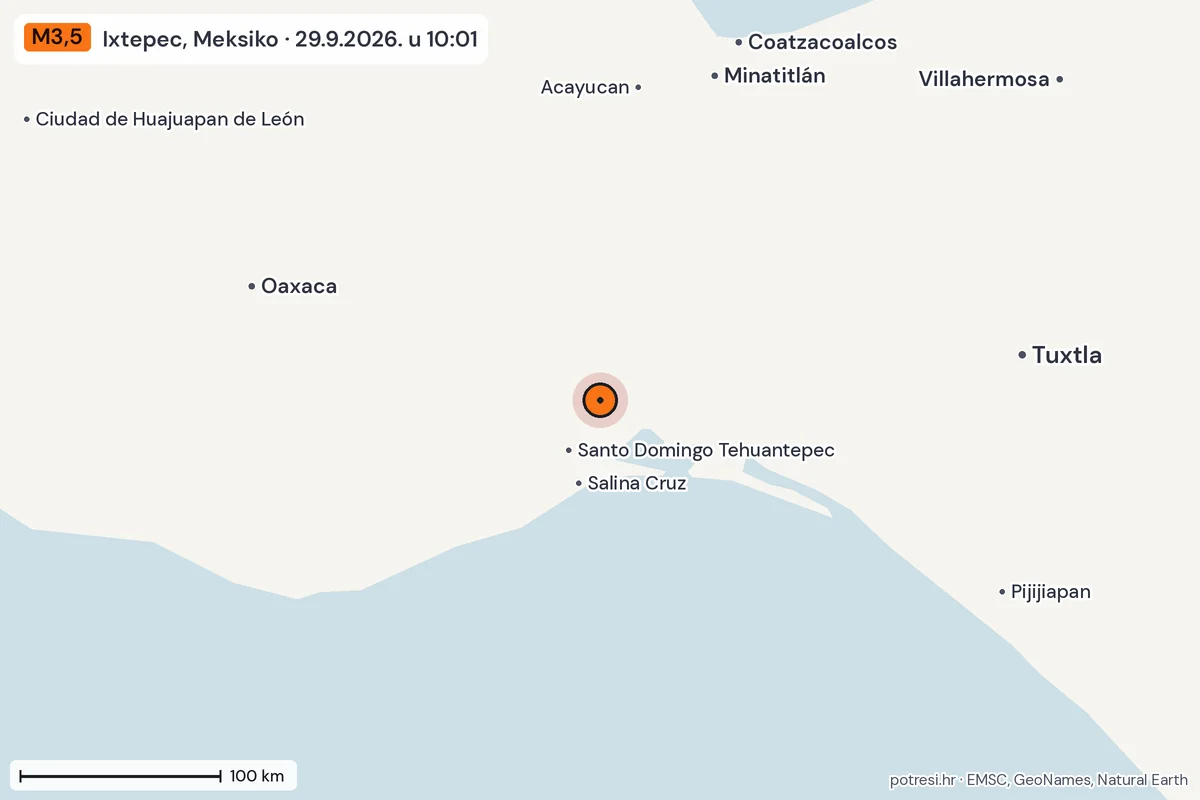 Karta: šire područje, 600 km, potres M3,5, Ixtepec, Meksiko, 29.9.2026.