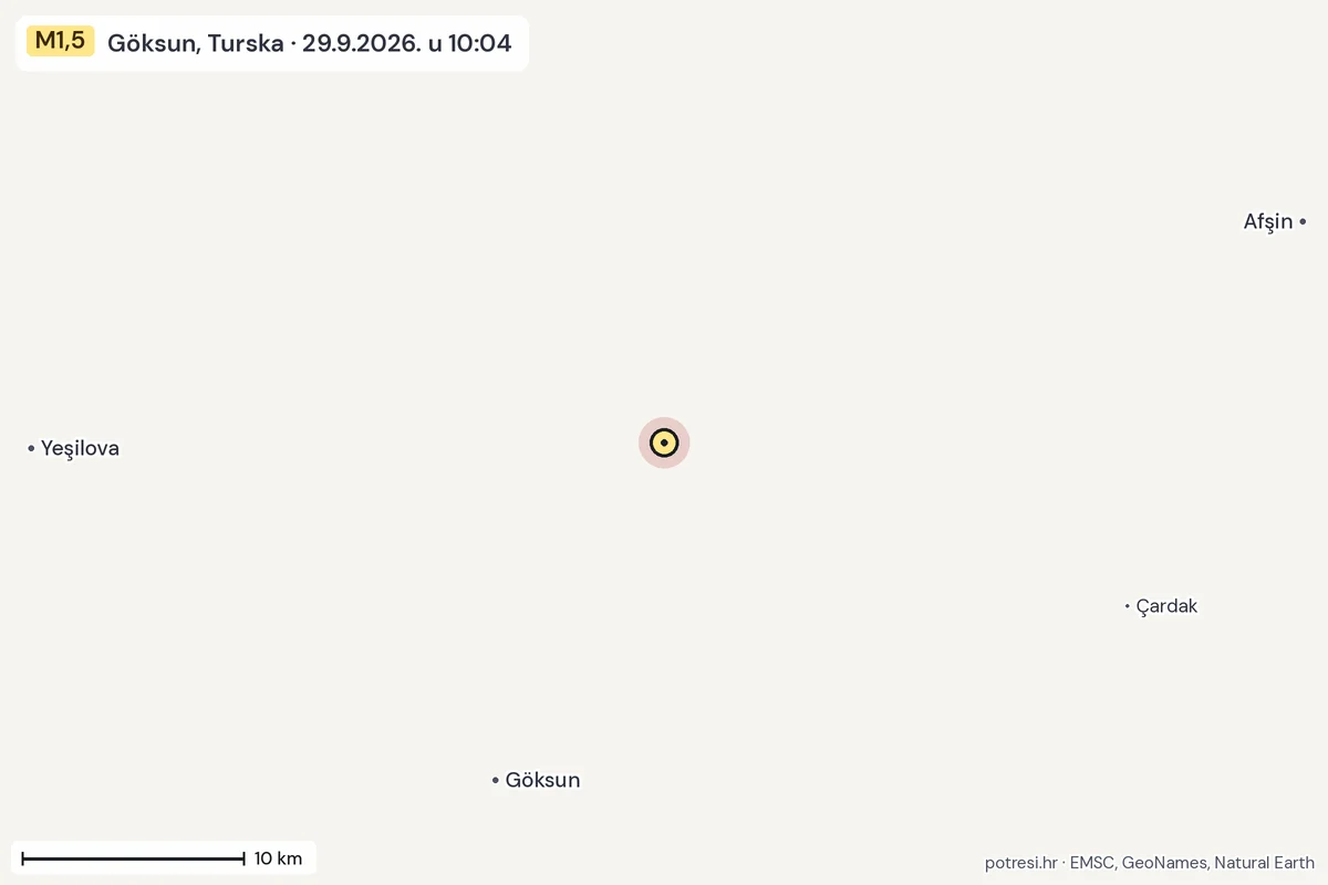 Karta: okolica epicentra, 60 km, potres M1,5, Göksun, Turska, 29.9.2026.