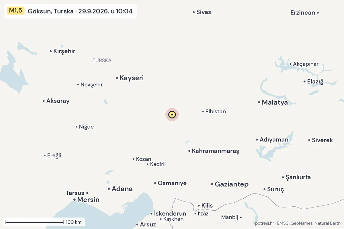 Karta: šire područje, 600 km, potres M1,5, Göksun, Turska, 29.9.2026.