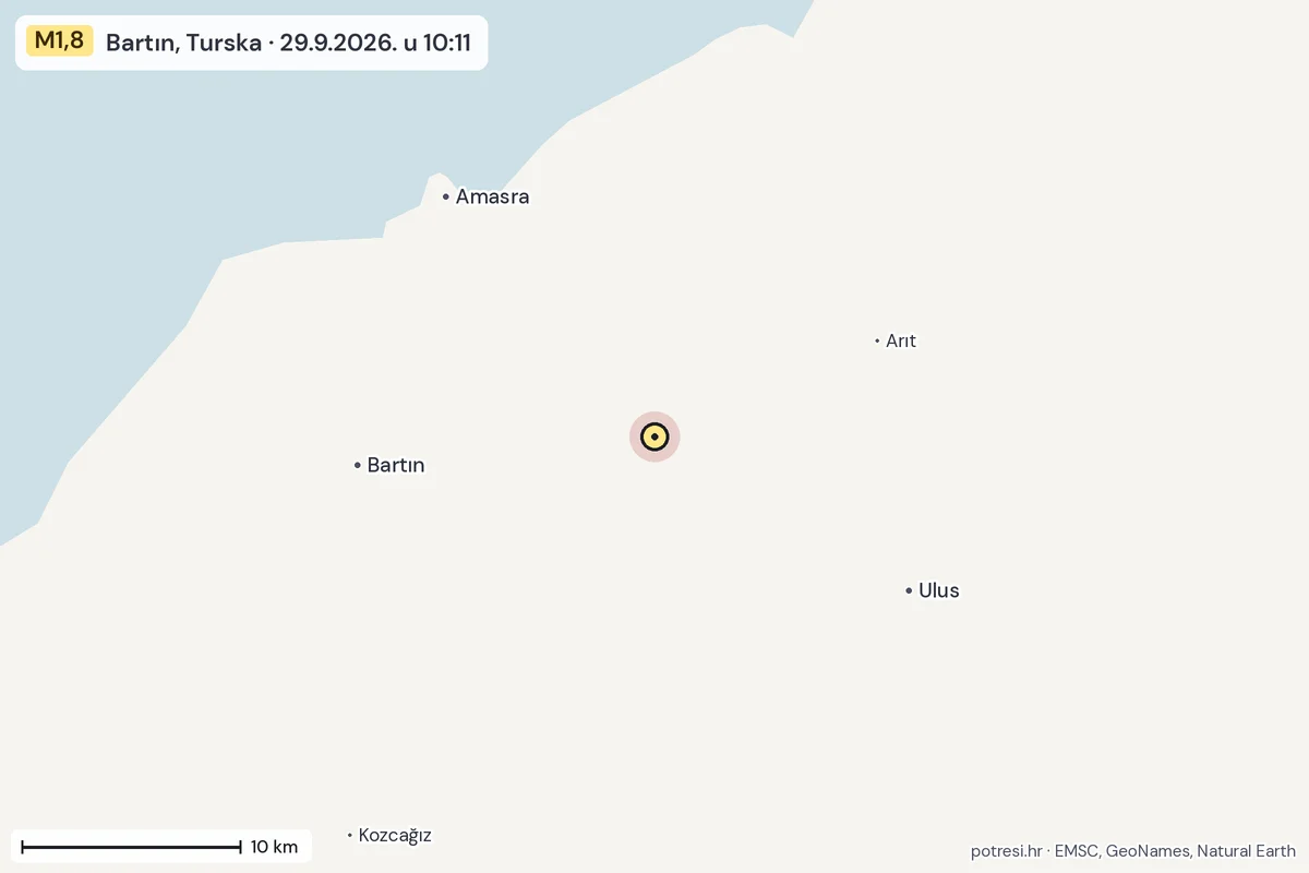 Karta: okolica epicentra, 60 km, potres M1,8, Bartın, Turska, 29.9.2026.