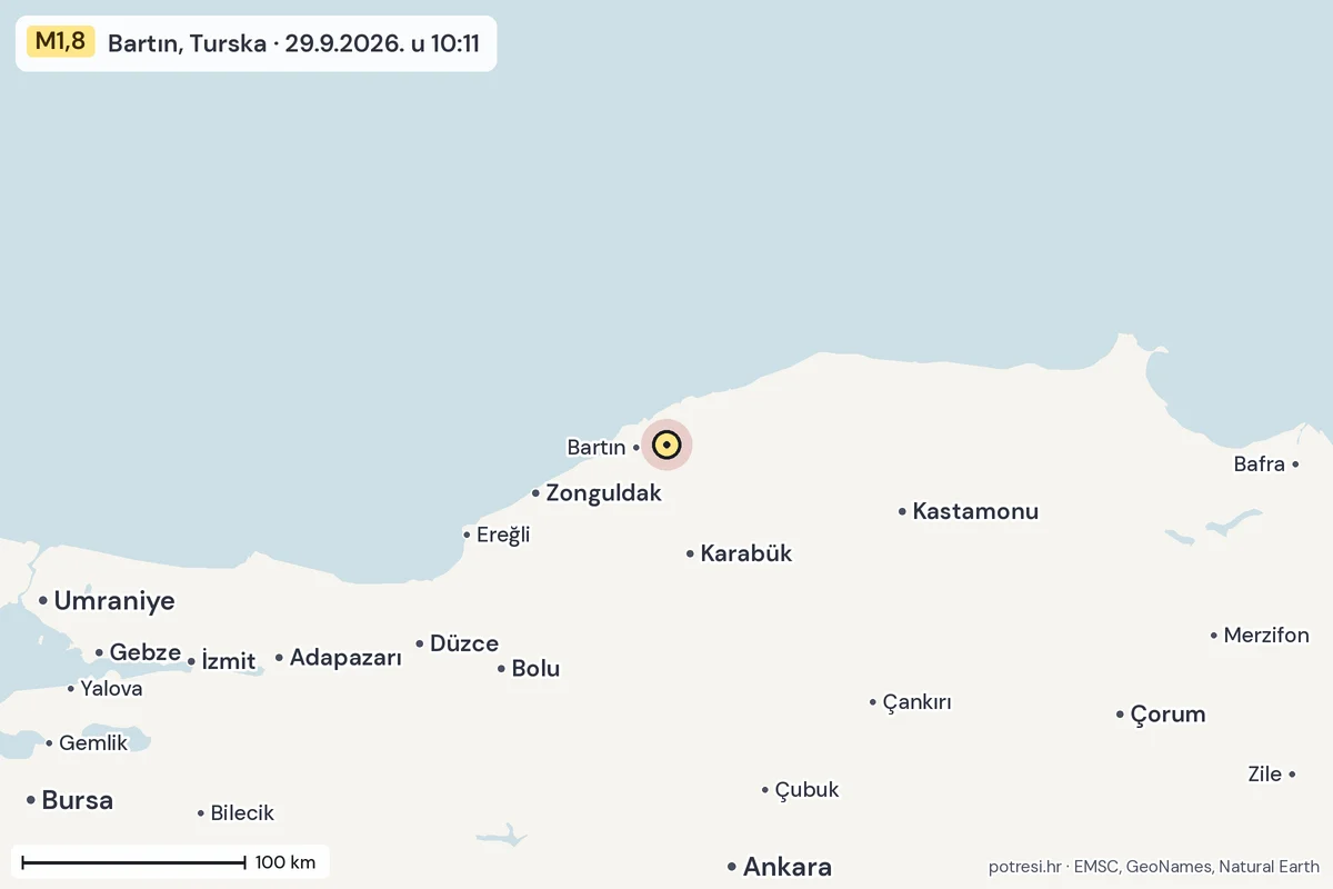 Karta: šire područje, 600 km, potres M1,8, Bartın, Turska, 29.9.2026.