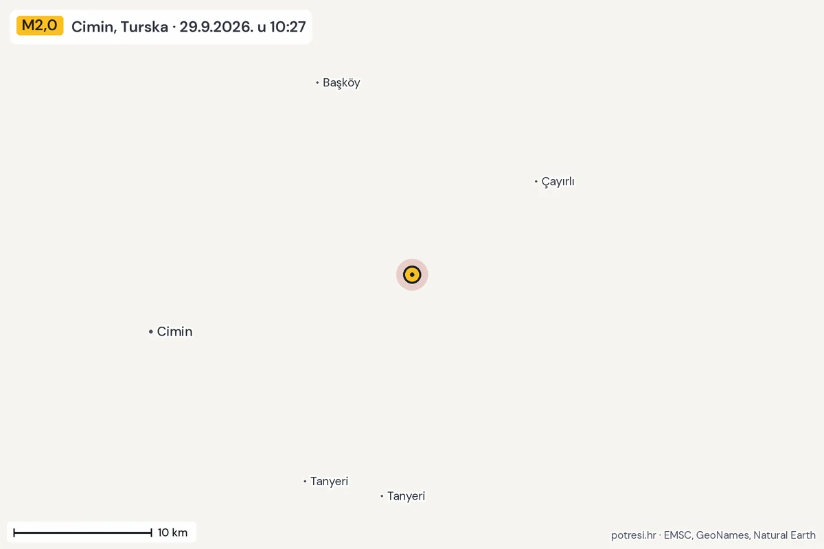 Karta: okolica epicentra, 60 km, potres M2,0, Cimin, Turska, 29.9.2026.