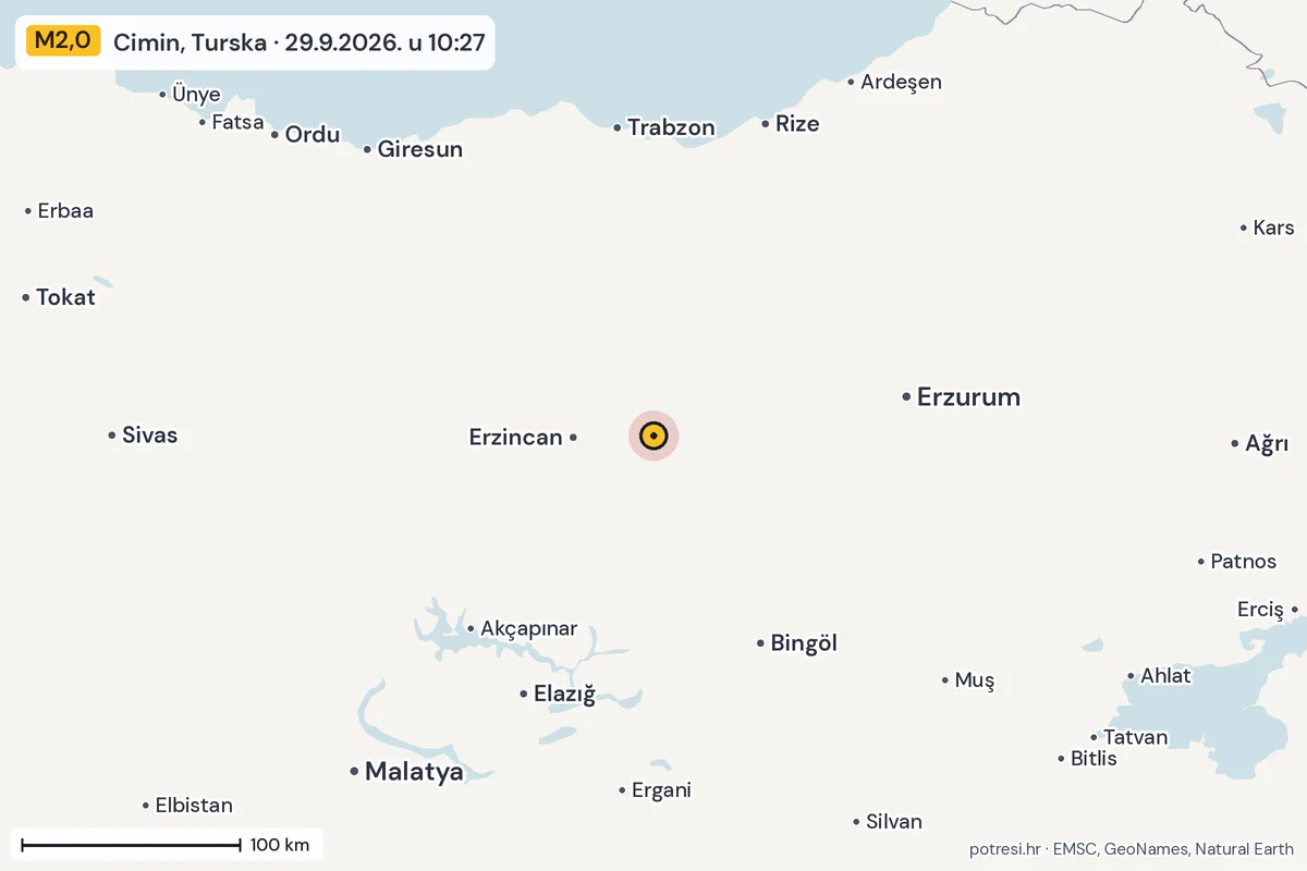 Karta: šire područje, 600 km, potres M2,0, Cimin, Turska, 29.9.2026.