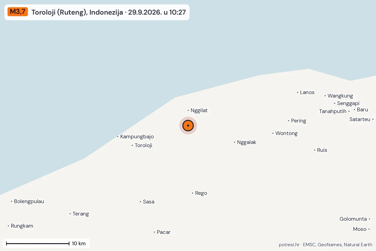 Karta: okolica epicentra, 60 km, potres M3,7, Toroloji (Ruteng), Indonezija, 29.9.2026.