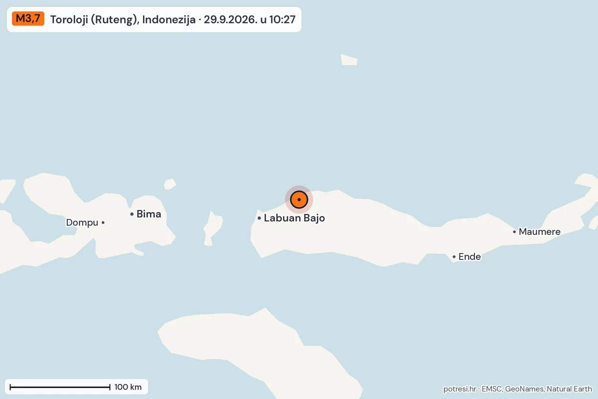 Karta: šire područje, 600 km, potres M3,7, Toroloji (Ruteng), Indonezija, 29.9.2026.