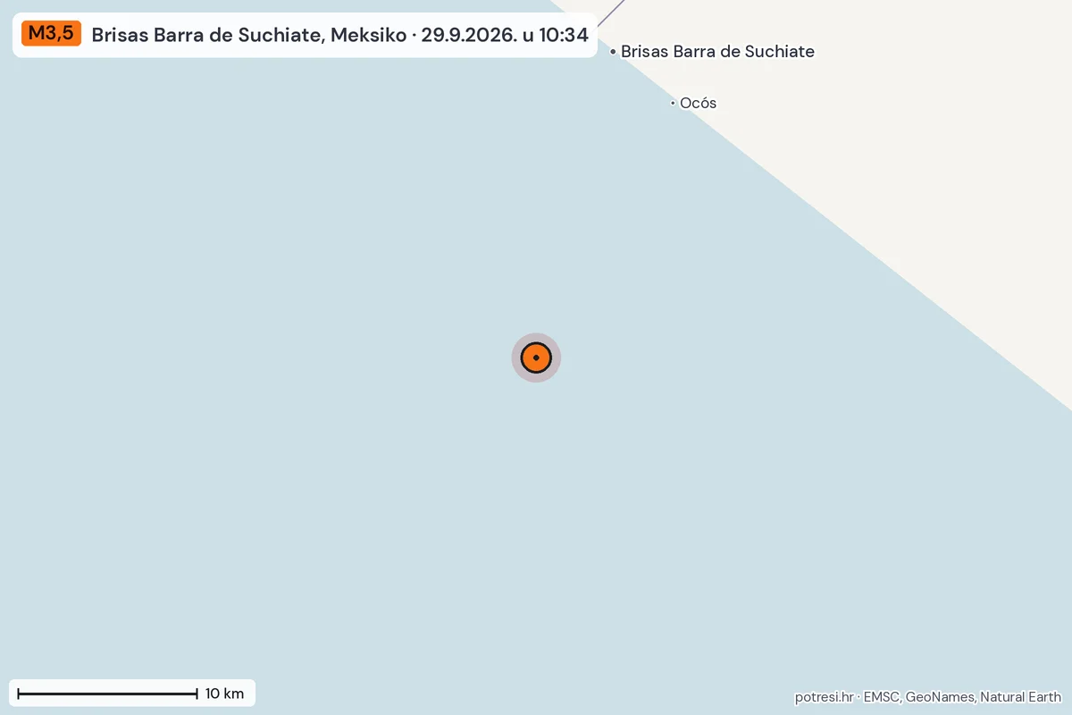 Karta: okolica epicentra, 60 km, potres M3,5, Brisas Barra de Suchiate, Meksiko, 29.9.2026.