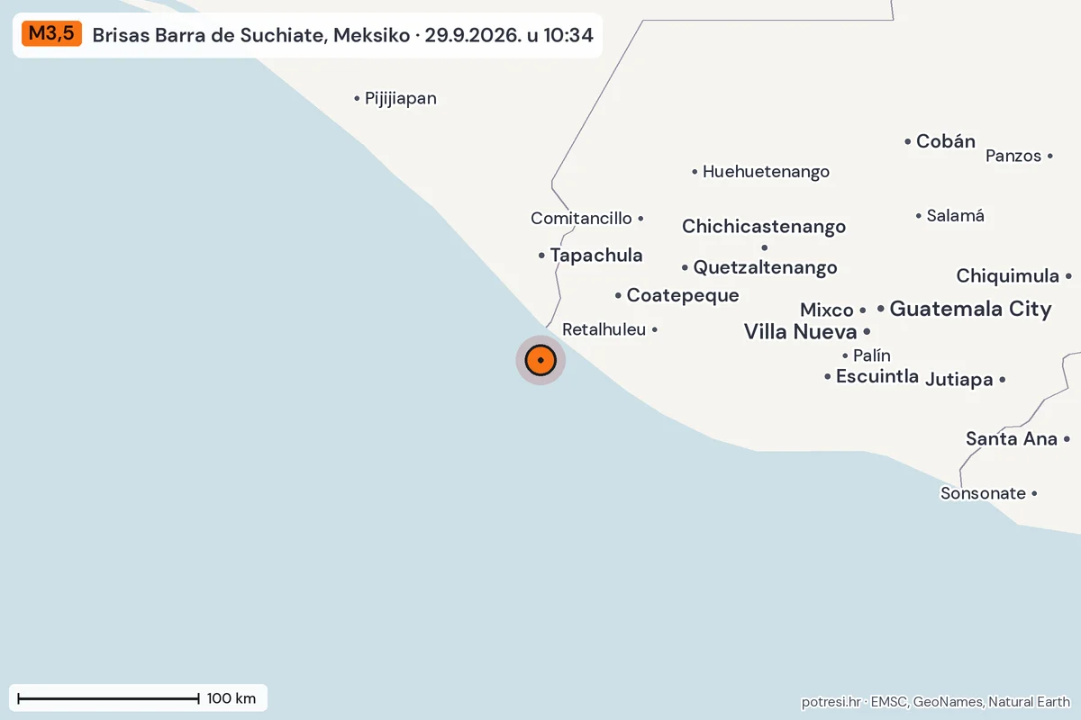 Karta: šire područje, 600 km, potres M3,5, Brisas Barra de Suchiate, Meksiko, 29.9.2026.